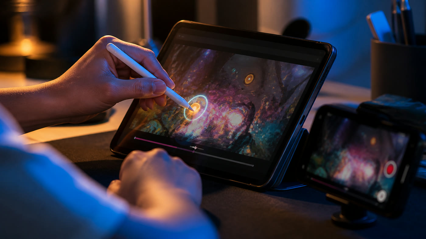 Hands annotating a captured game frame on a tablet