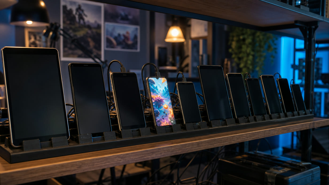 A shelf of phones and tablets used for device testing