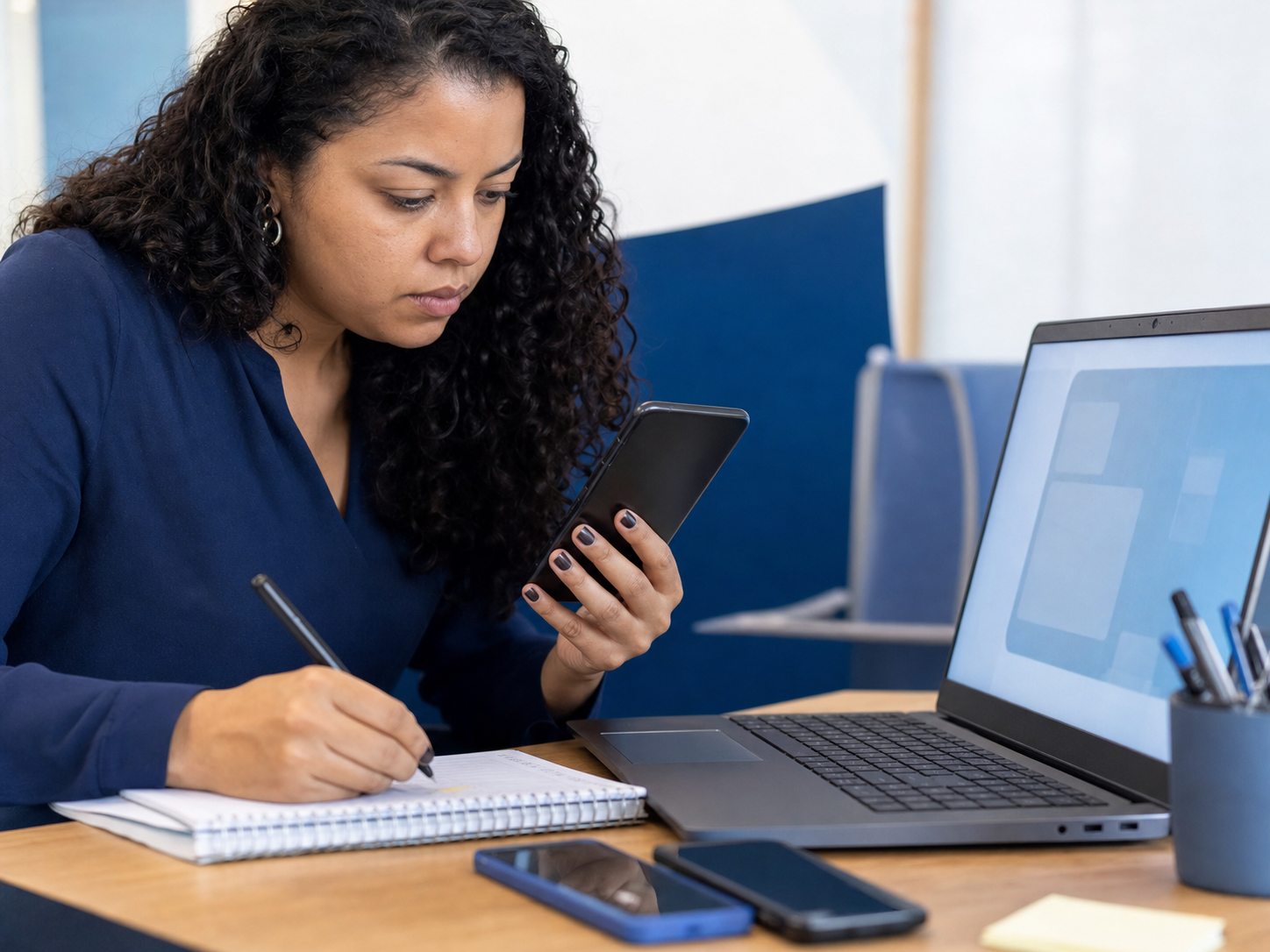 QA analyst comparing a mobile test with findings on a laptop.