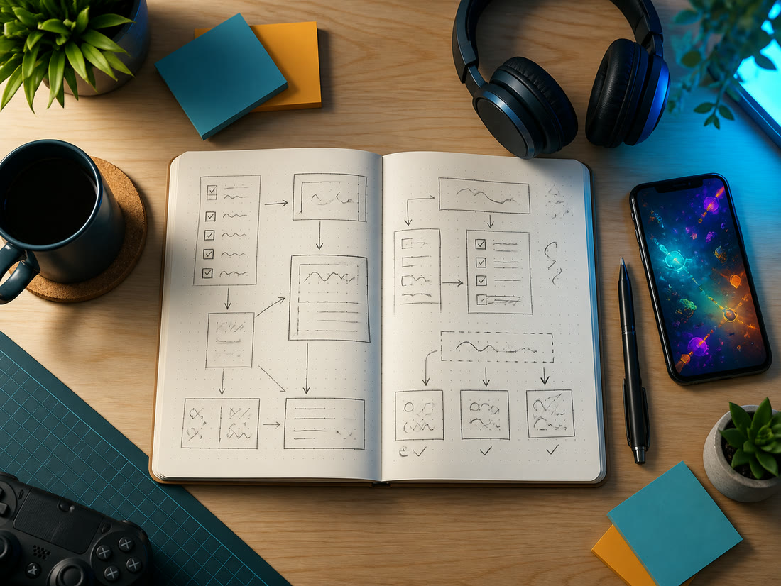 A notebook with a hand-drawn test plan next to a phone running a game