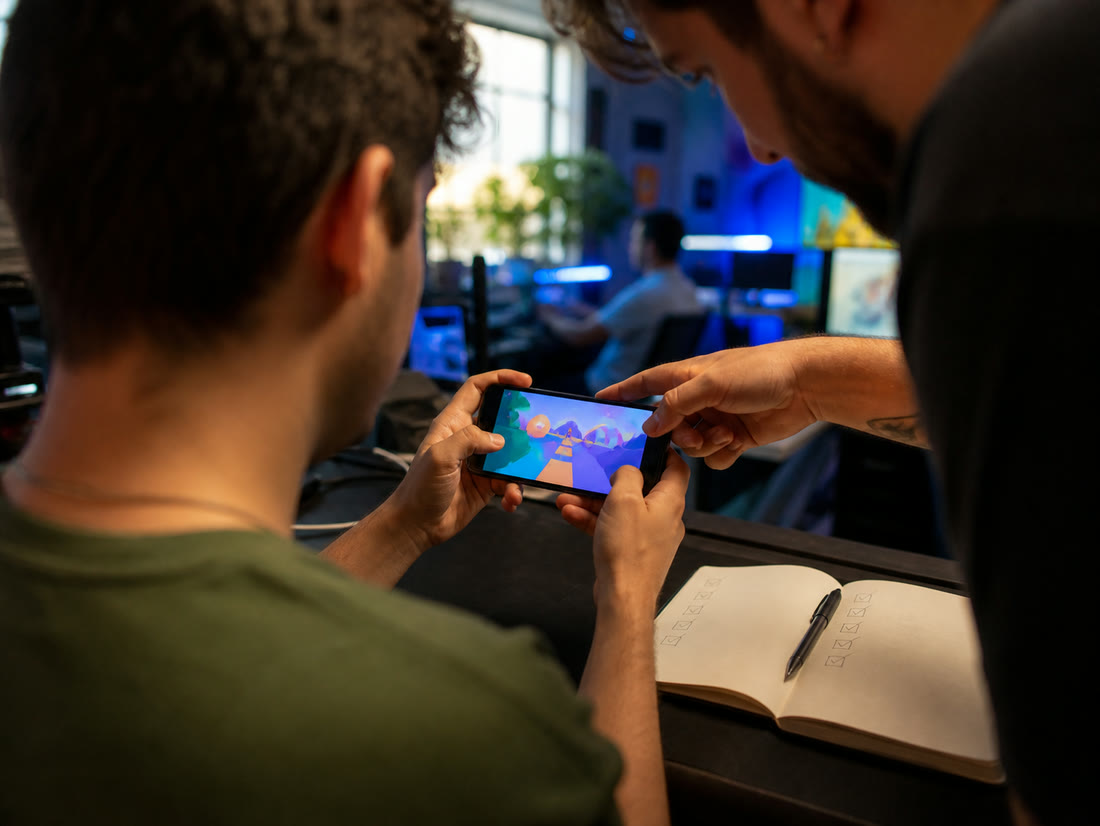 Two people testing a mobile game next to a notebook with a checklist