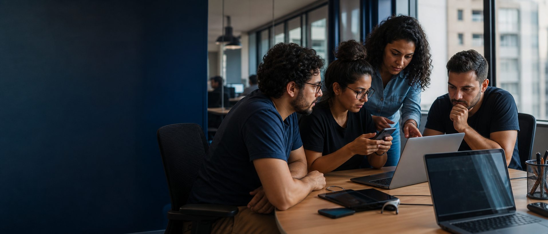 Software quality team collaborating around a workstation.